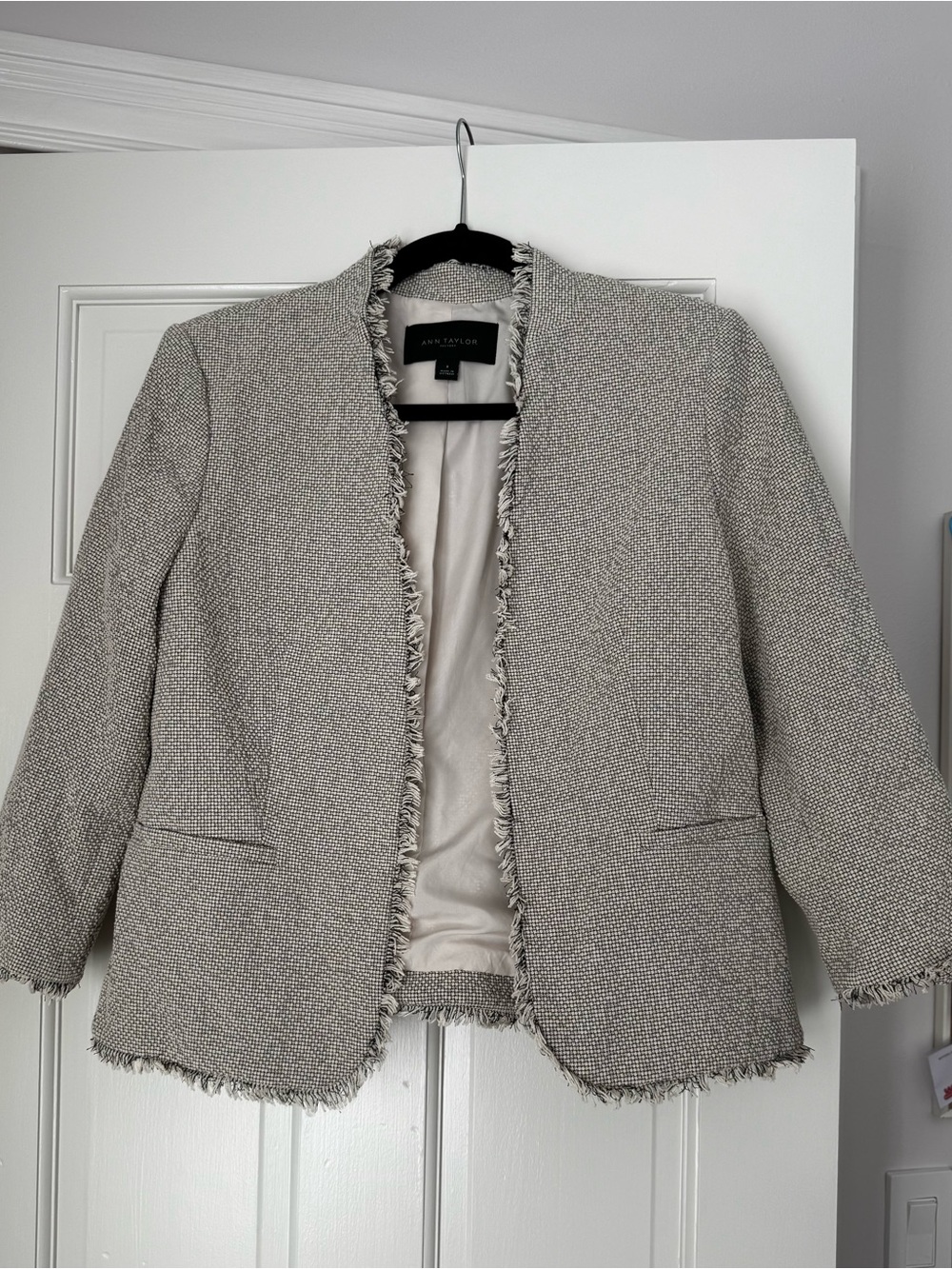 Ann Taylor Spring 2020 Cotton Blend Tweed Fringe Open Front Jacket – Style 53475